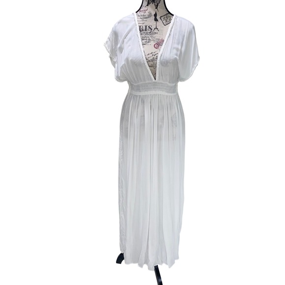 Victoria's Secret Dresses & Skirts - Victorias Secret White Pom Pom Trim V Neck Maxi Dress Cover Up S